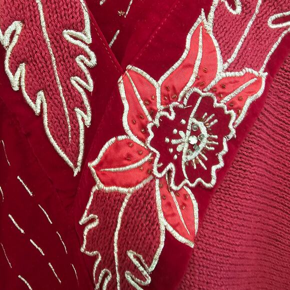Vintage 80s Sweater Womens Medium Red Floral Glam Rock Knit Embellished Cottage - Picture 5 of 10
